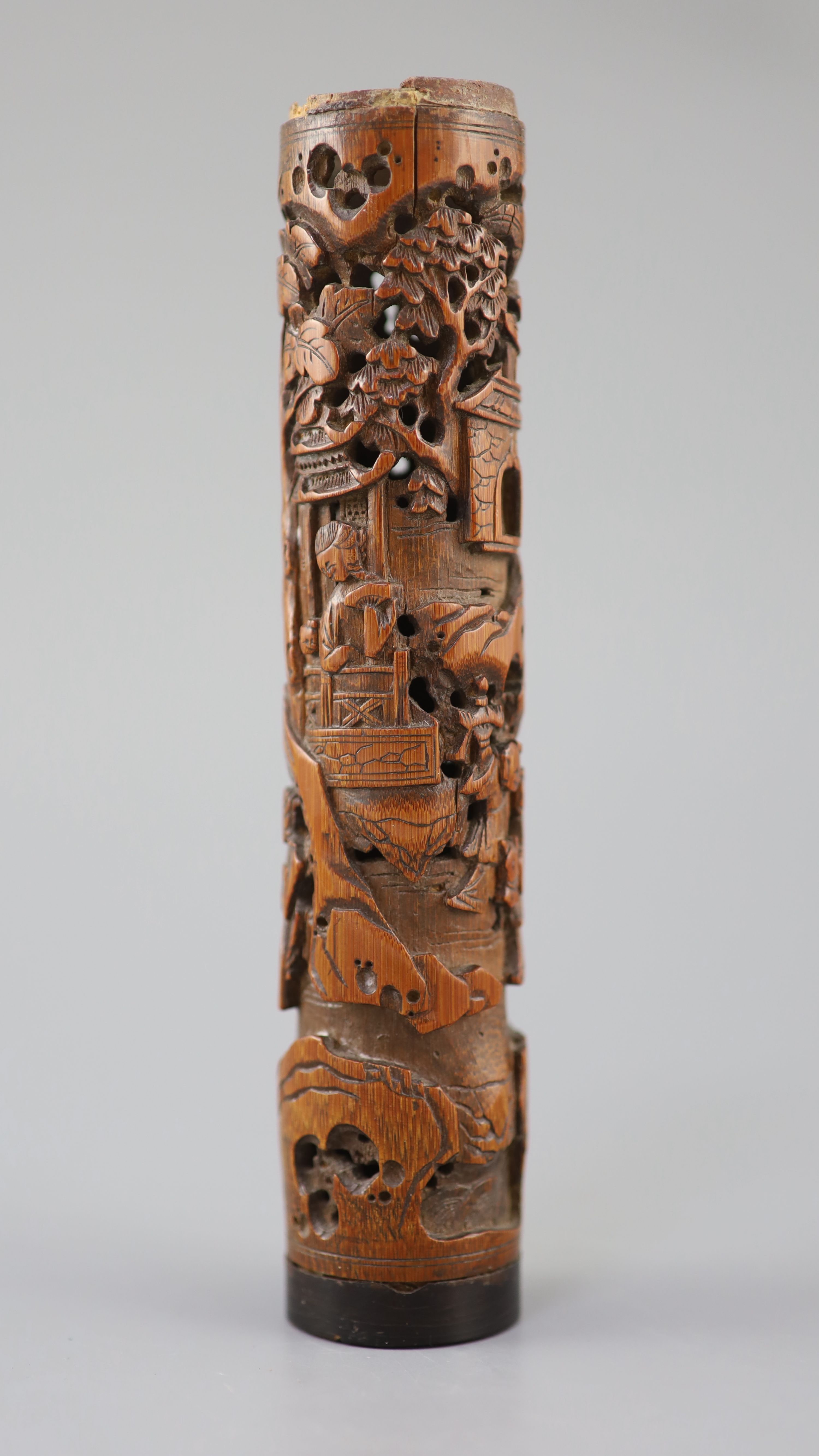 A Chinese bamboo landscape and figures perfume holder, 18th century,